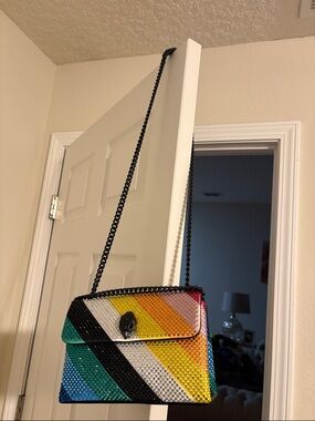Kurt Geiger Rainbow Stripe Crystal Crossbody with Black Chain